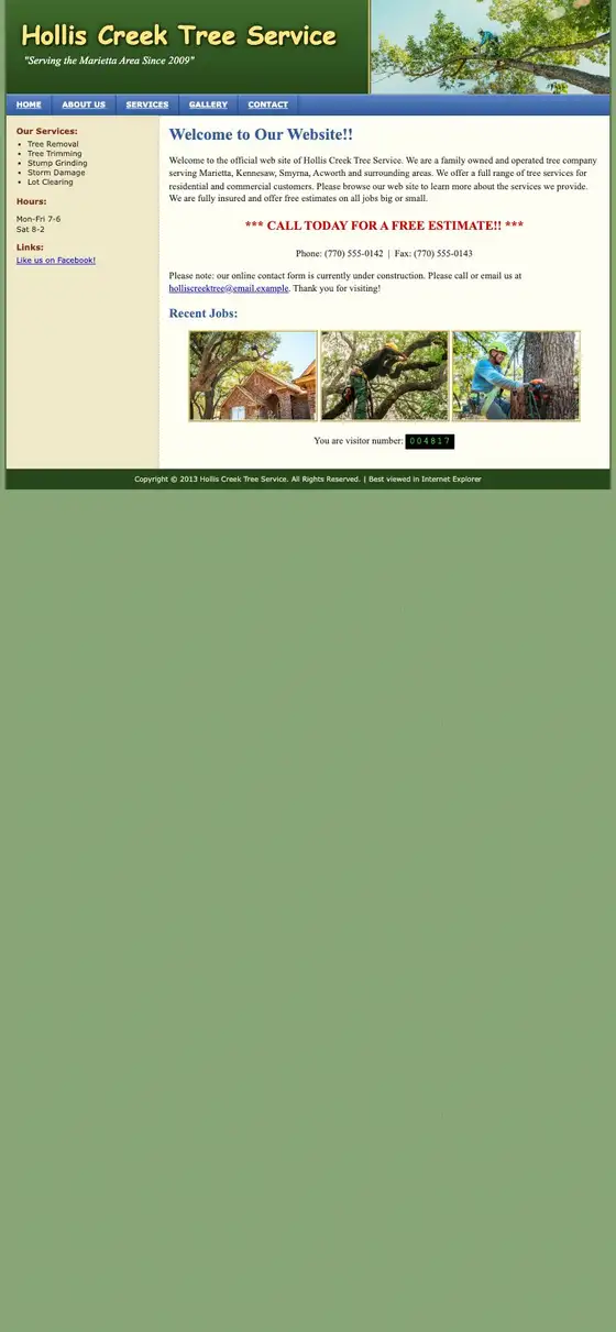 A dated, hard-to-read website for Hollis Creek Tree Service, a made-up business