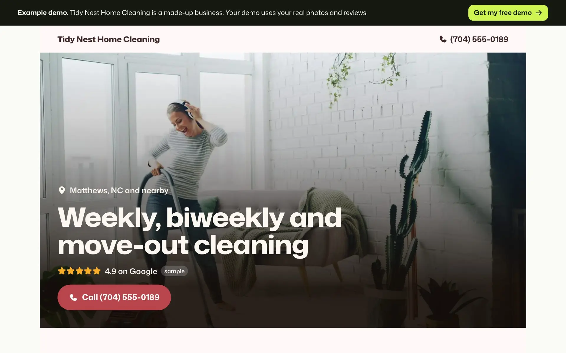 Example homepage for Tidy Nest Home Cleaning, a made-up house cleaning business