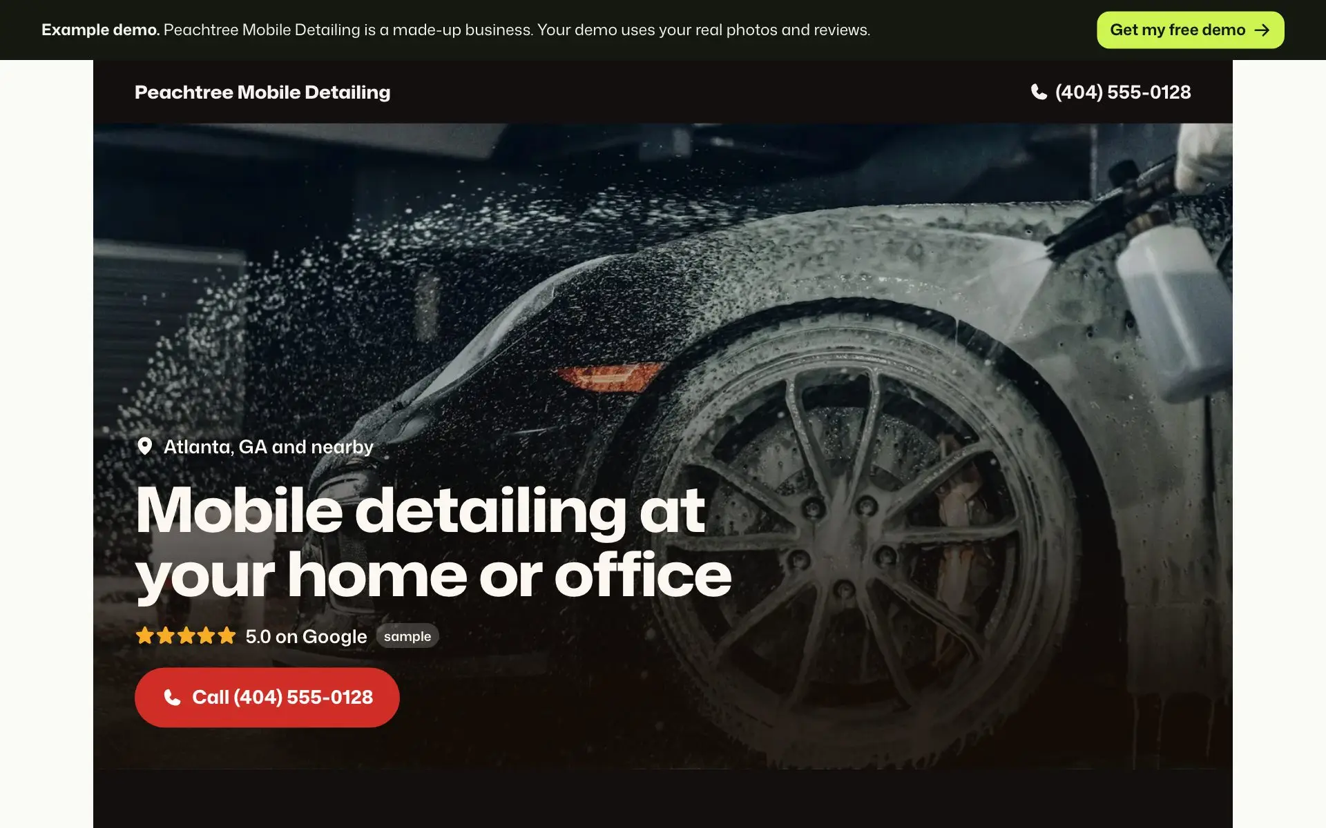 Example homepage for Peachtree Mobile Detailing, a made-up auto detailing business