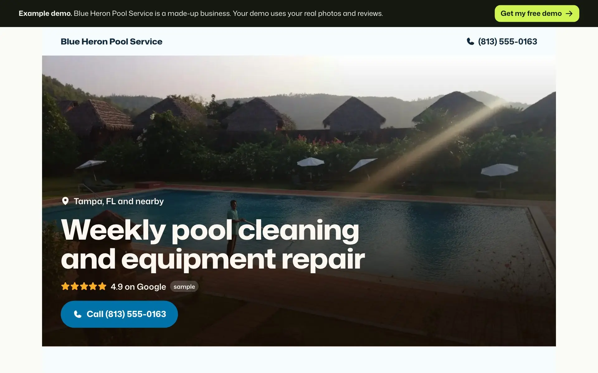 Example homepage for Blue Heron Pool Service, a made-up pool service business