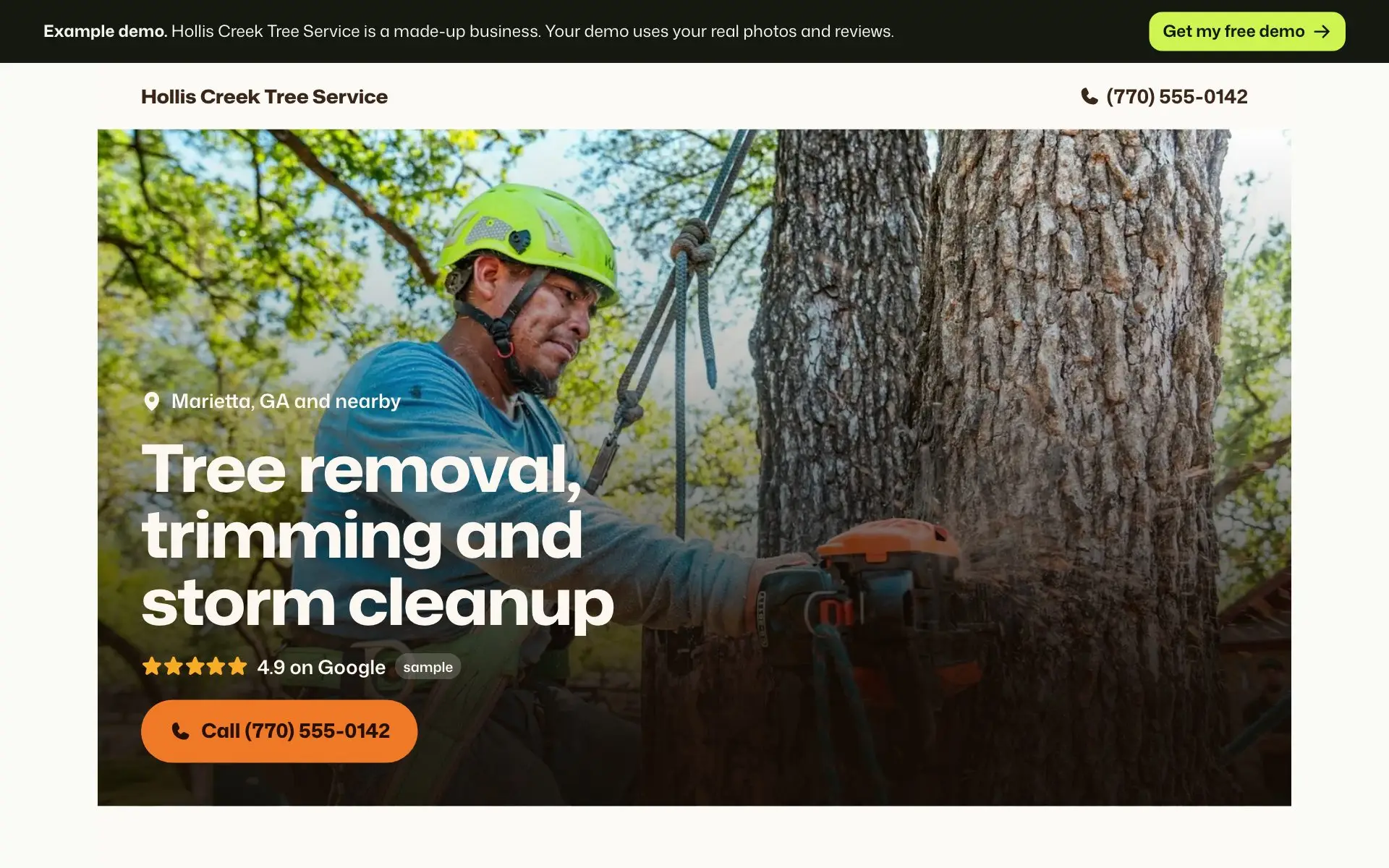 Example homepage for Hollis Creek Tree Service, a made-up tree service business